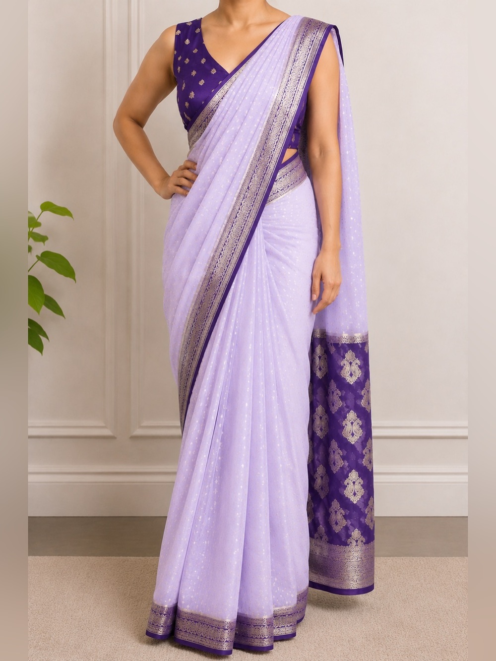 Lavender and Deep Purple Indian Saree with Gold Border